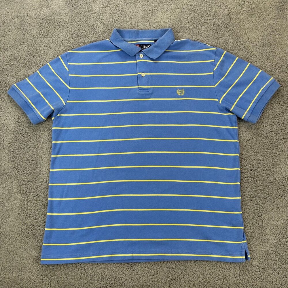 Chaps Mens L Polo Shirt Blue Orange White Stripe 2 Button Golf Shirt w/ LOGO